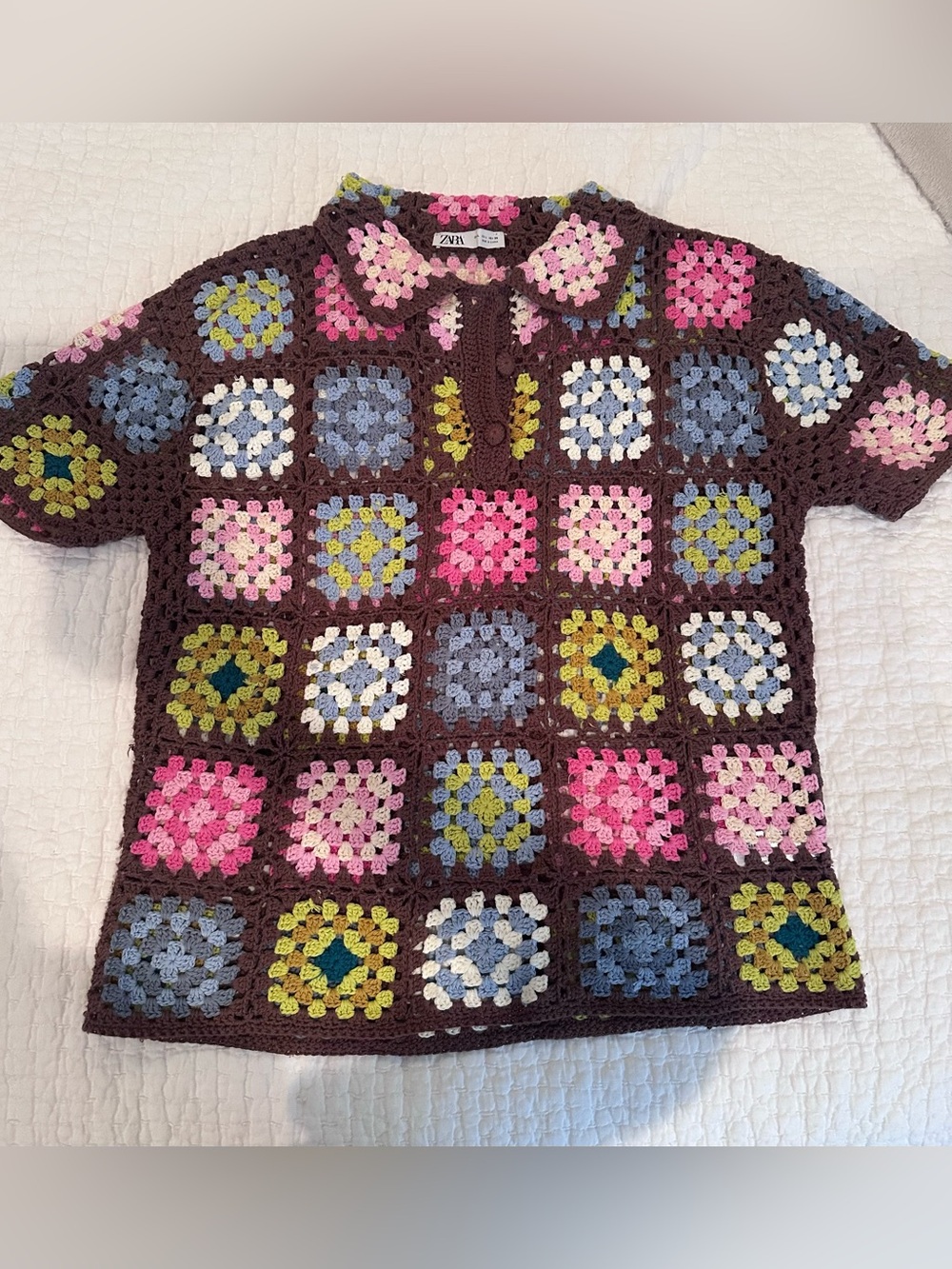 Zara Brown Crochet Square Sweater with Pink, Blue, Green, Cream Accents